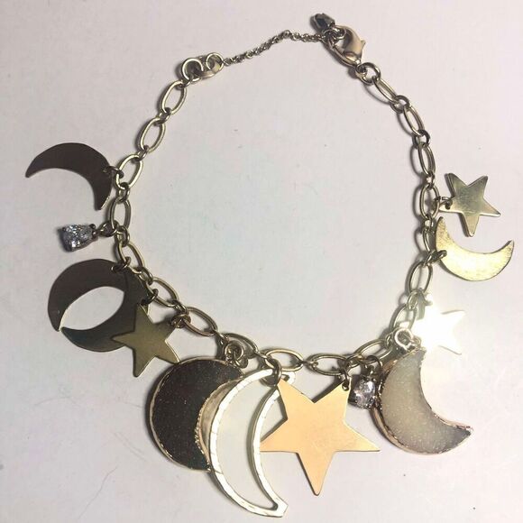 1205 Free people Moon & Star gold tone faux druzy charm bracelet 7-8" - Picture 1 of 1